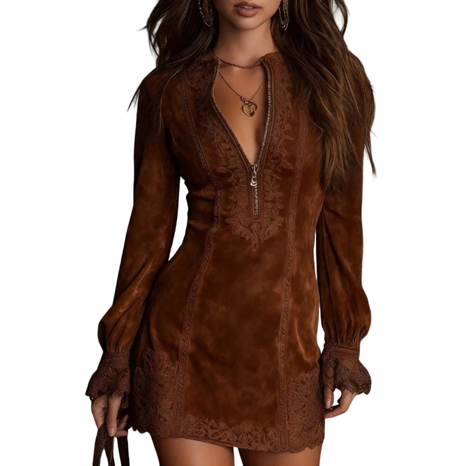 Suede V-Neck Zipper Lace Dress Long Sleeve Solid Color Vintage Mini Dress Trendy Chic Casual Retro Trim Stylish Outing Dress Suede V-Neck Zipper Lace Dress Long Sleeve Solid Color Vintage Mini Dress Trendy Chic Casual Retro Trim Stylish Outing Dress