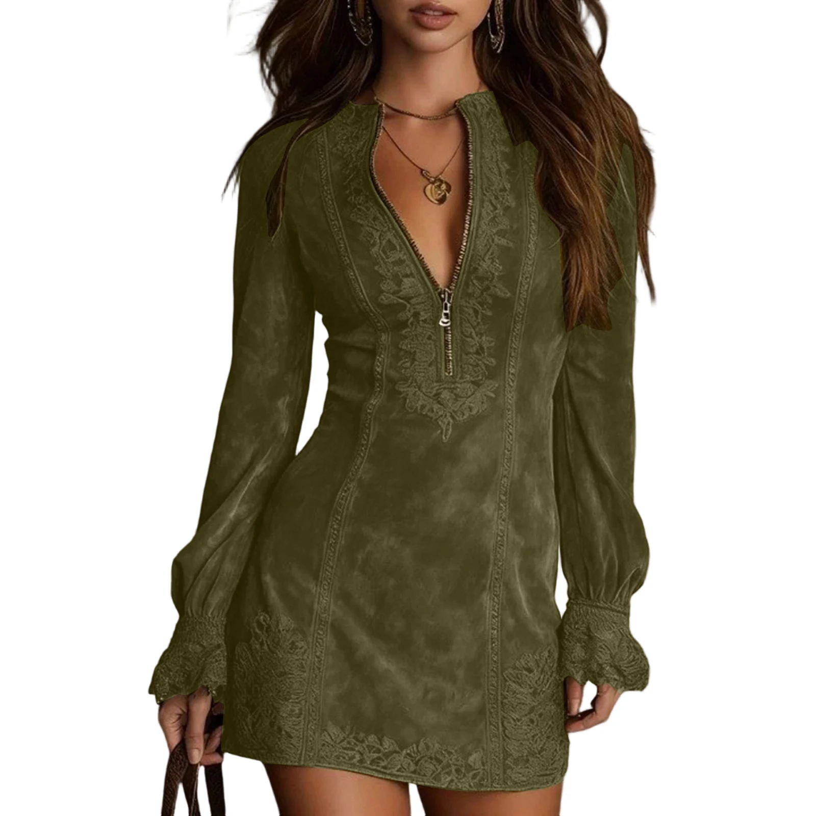Suede V-Neck Zipper Lace Dress Long Sleeve Solid Color Vintage Mini Dress Trendy Chic Casual Retro Trim Stylish Outing Dress Suede V-Neck Zipper Lace Dress Long Sleeve Solid Color Vintage Mini Dress Trendy Chic Casual Retro Trim Stylish Outing Dress
