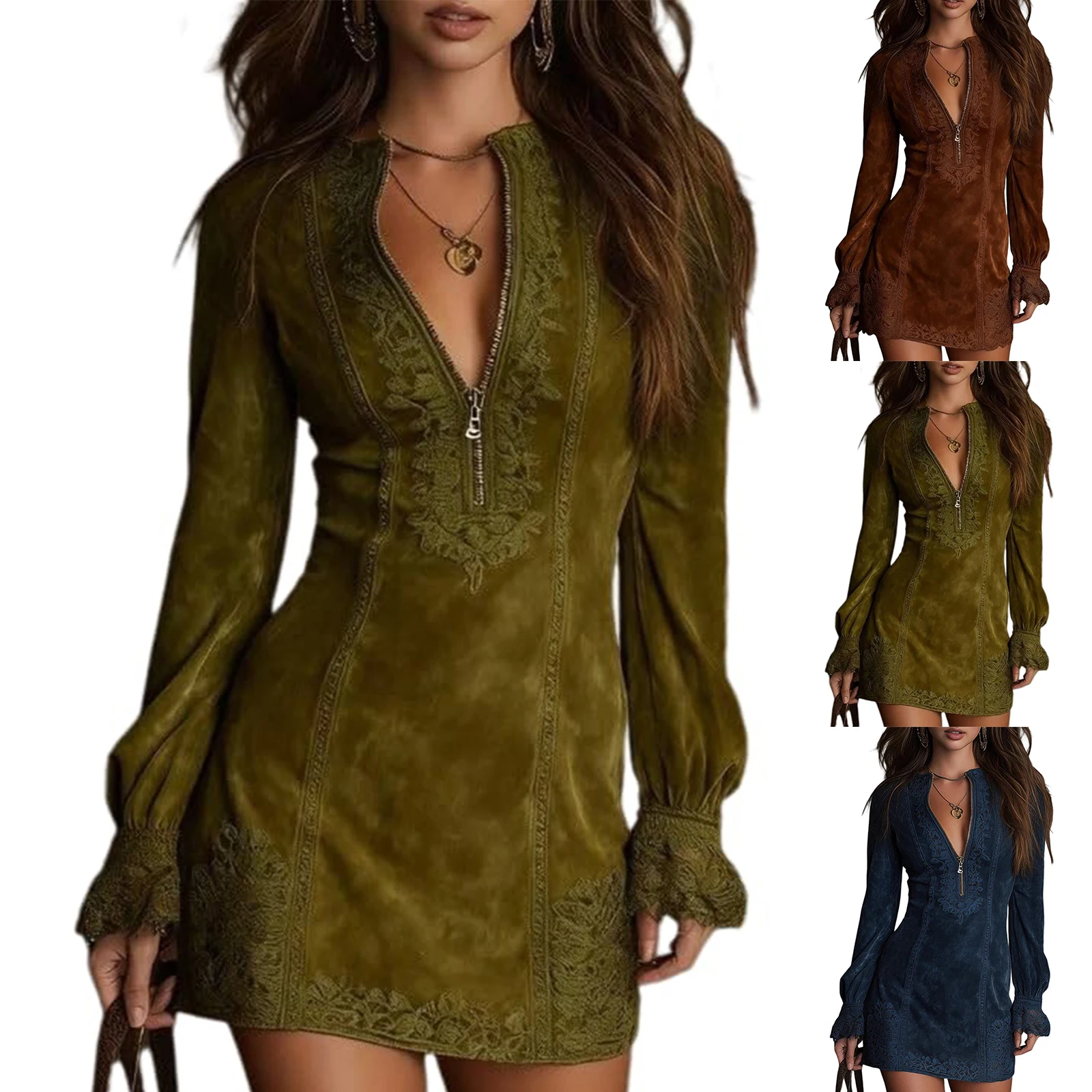 Suede V-Neck Zipper Lace Dress Long Sleeve Solid Color Vintage Mini Dress Trendy Chic Casual Retro Trim Stylish Outing Dress Suede V-Neck Zipper Lace Dress Long Sleeve Solid Color Vintage Mini Dress Trendy Chic Casual Retro Trim Stylish Outing Dress