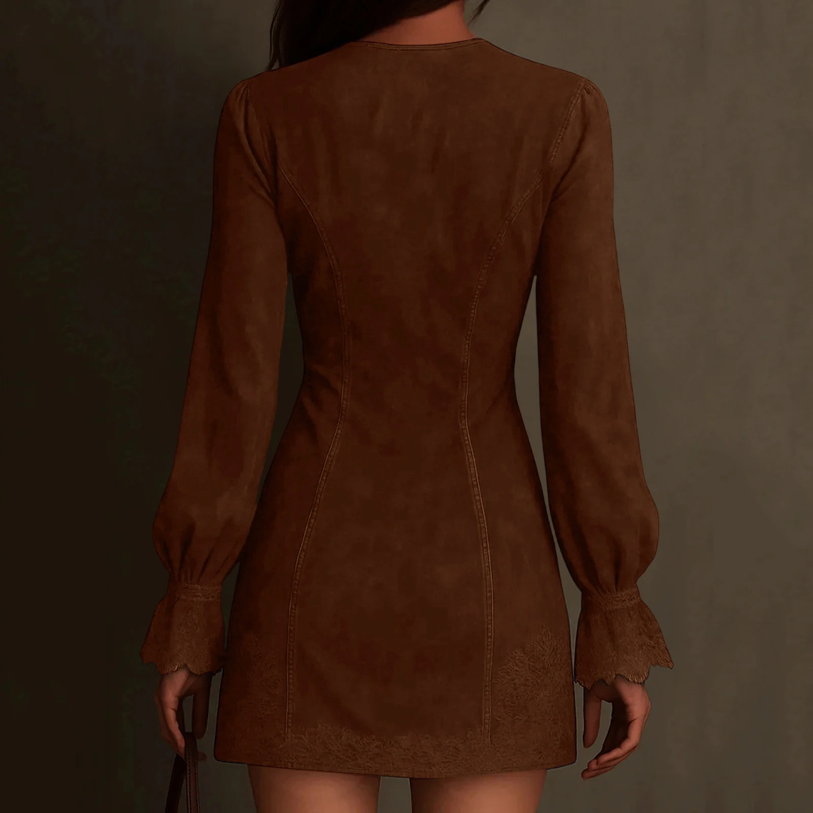 Suede V-Neck Zipper Lace Dress Long Sleeve Solid Color Vintage Mini Dress Trendy Chic Casual Retro Trim Stylish Outing Dress Suede V-Neck Zipper Lace Dress Long Sleeve Solid Color Vintage Mini Dress Trendy Chic Casual Retro Trim Stylish Outing Dress