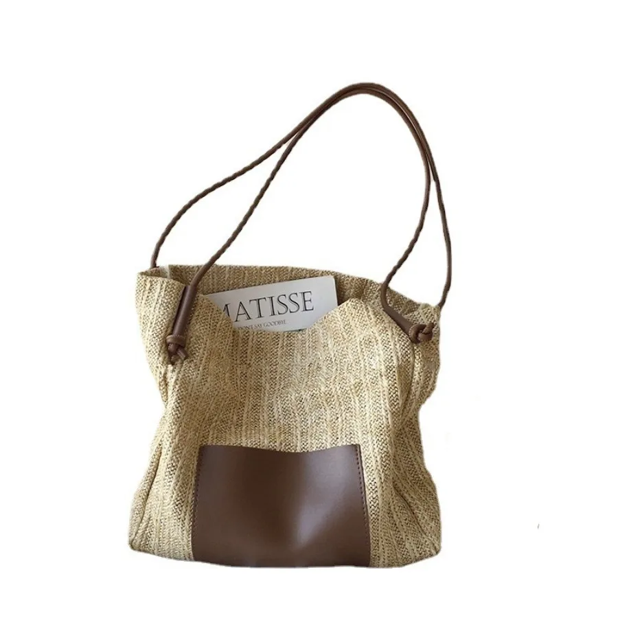 【New Arrival】Large Capacity Straw Woven Tote Bag, Casual Beach Shoulder Bag With Leather Trim, Minimalist Vacation Handbag For Women 【New Arrival】Large Capacity Straw Woven Tote Bag, Casual Beach Shoulder Bag With Leather Trim, Minimalist Vacation Handbag For Women