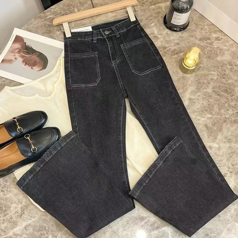New High Waist Trousers Loose Washed Jeans Pockets Slim Denim Flare Classic Women Vintage Stretch Straight Trousers All-match New High Waist Trousers Loose Washed Jeans Pockets Slim Denim Flare Classic Women Vintage Stretch Straight Trousers All-match