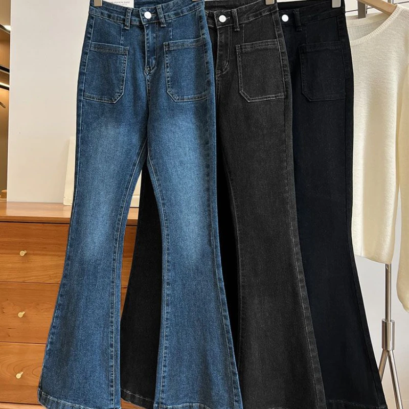 New High Waist Trousers Loose Washed Jeans Pockets Slim Denim Flare Classic Women Vintage Stretch Straight Trousers All-match High waist vintage flare jeans for women in stretch washed denim with pockets and straight-leg fit.