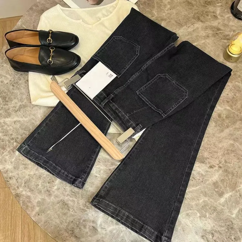 New High Waist Trousers Loose Washed Jeans Pockets Slim Denim Flare Classic Women Vintage Stretch Straight Trousers All-match New High Waist Trousers Loose Washed Jeans Pockets Slim Denim Flare Classic Women Vintage Stretch Straight Trousers All-match