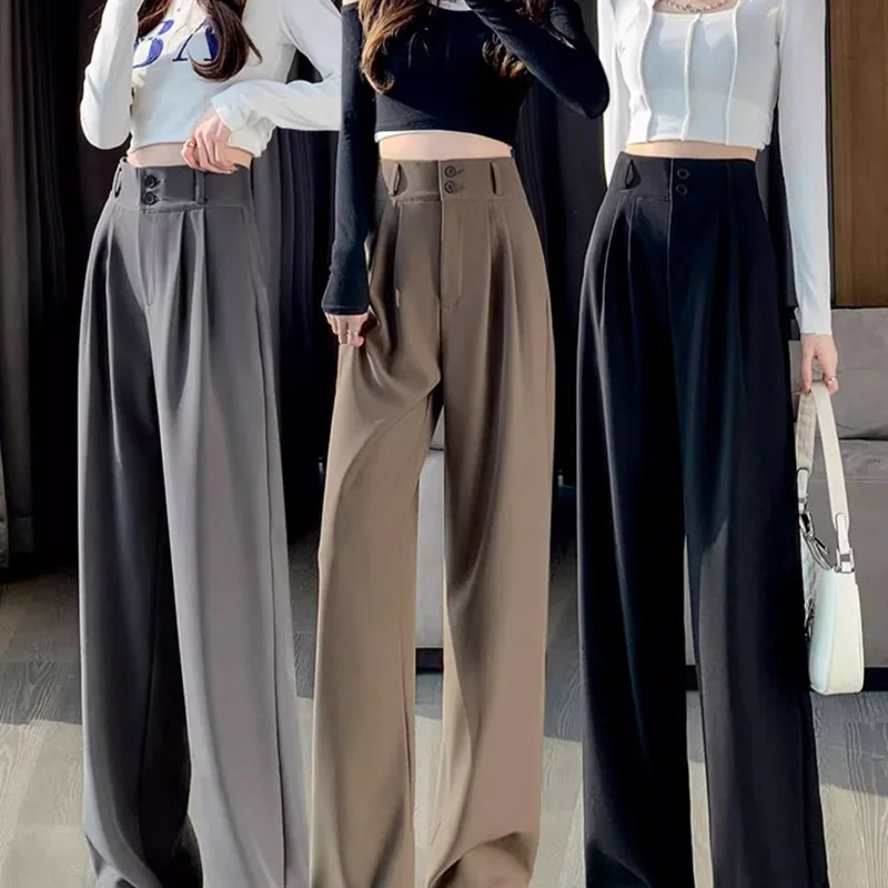 Summer Women Concise Office Suit Pants Lady Comfortable Baggy Wide Leg Straight Leg Trousers Female Fashion High Waisted Slacks Women's summer high waisted wide leg trousers featuring a relaxed straight-leg fit and elegant office-ready design.
