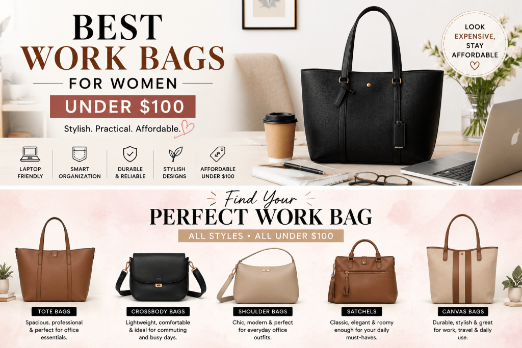 Stylish and affordable work bags for women under $100 including tote bags, crossbody bags, satchels, shoulder bags, and canvas office bags for professional women in 2026