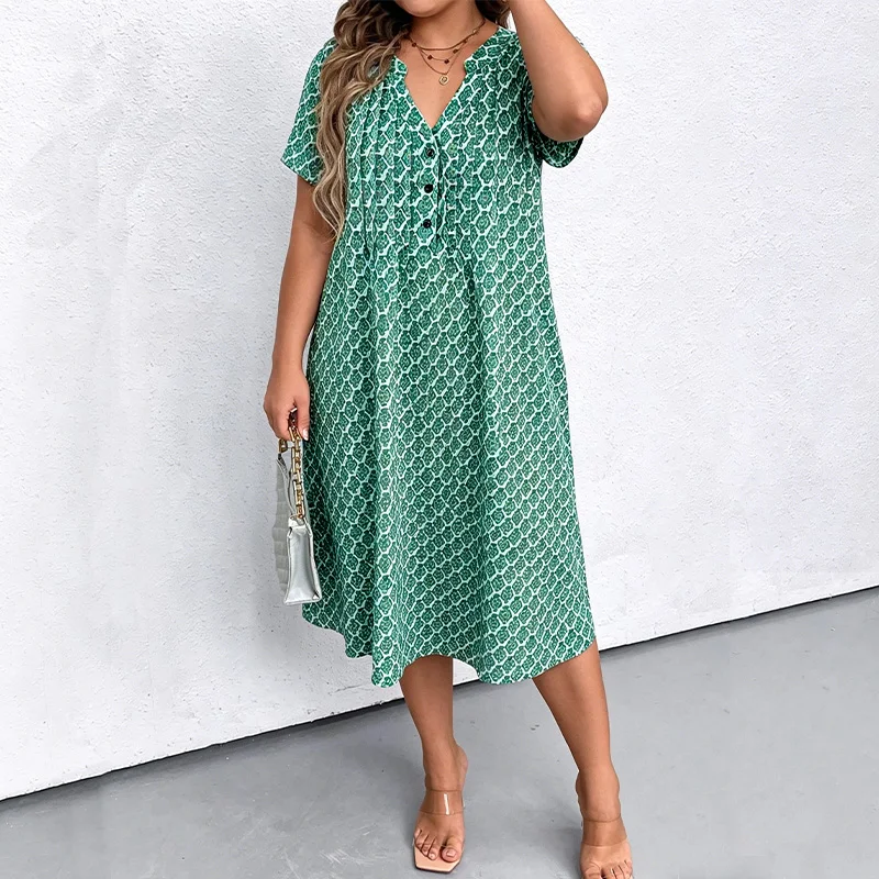 plus Size Women’s V-Neck Midi Dress Short Sleeve Button Print Summer Casual Loose Dress with Pockets for Vacation Plus size women's V-neck midi dress with short sleeves, printed pattern, button details, and pockets for casual summer wear.