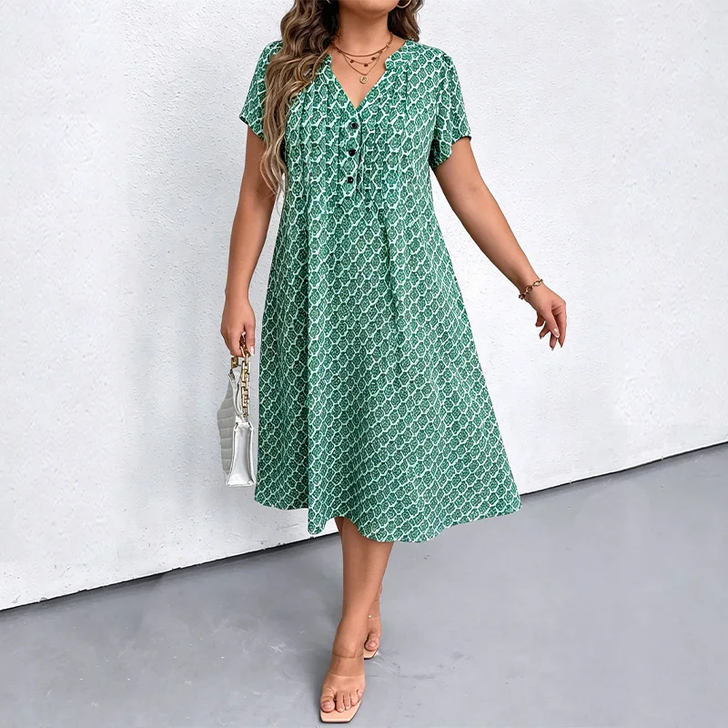 plus Size Women’s V-Neck Midi Dress Short Sleeve Button Print Summer Casual Loose Dress with Pockets for Vacation plus Size Women's V-Neck Midi Dress Short Sleeve Button Print Summer Casual Loose Dress with Pockets for Vacation