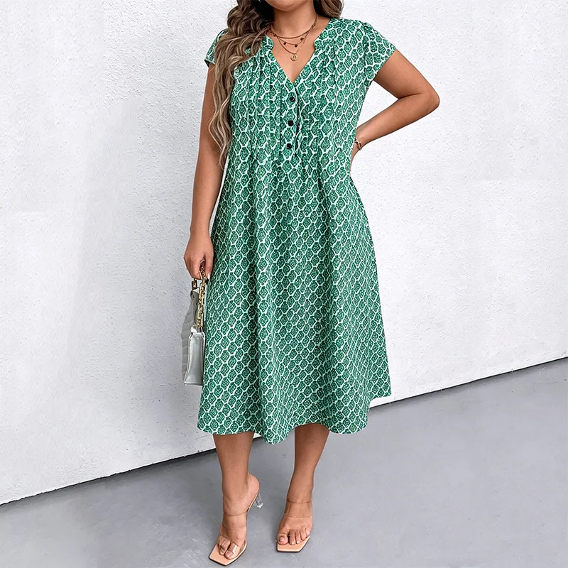 plus Size Women’s V-Neck Midi Dress Short Sleeve Button Print Summer Casual Loose Dress with Pockets for Vacation plus Size Women's V-Neck Midi Dress Short Sleeve Button Print Summer Casual Loose Dress with Pockets for Vacation
