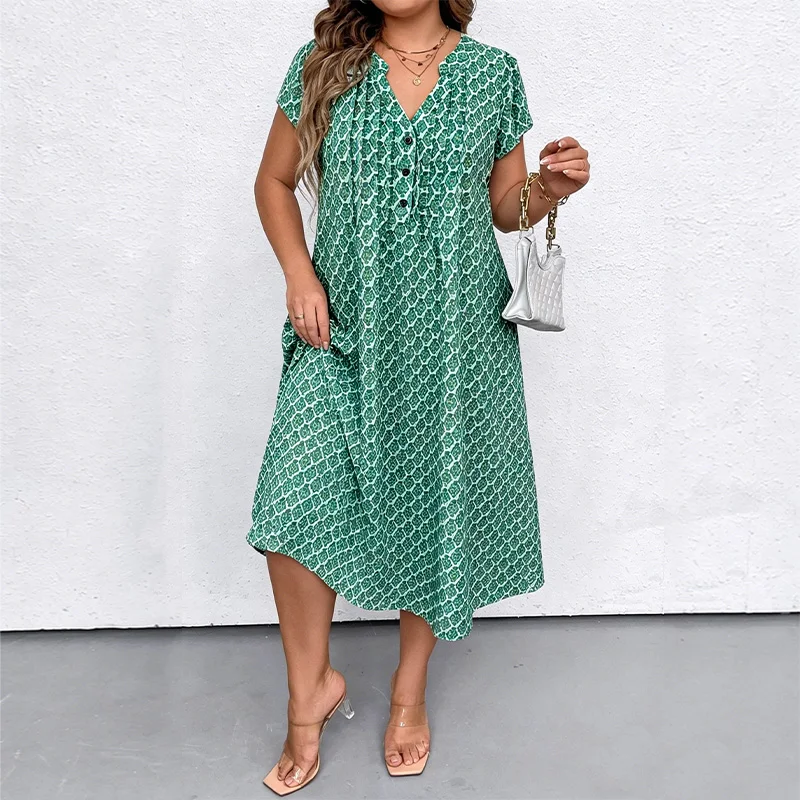 plus Size Women’s V-Neck Midi Dress Short Sleeve Button Print Summer Casual Loose Dress with Pockets for Vacation plus Size Women's V-Neck Midi Dress Short Sleeve Button Print Summer Casual Loose Dress with Pockets for Vacation