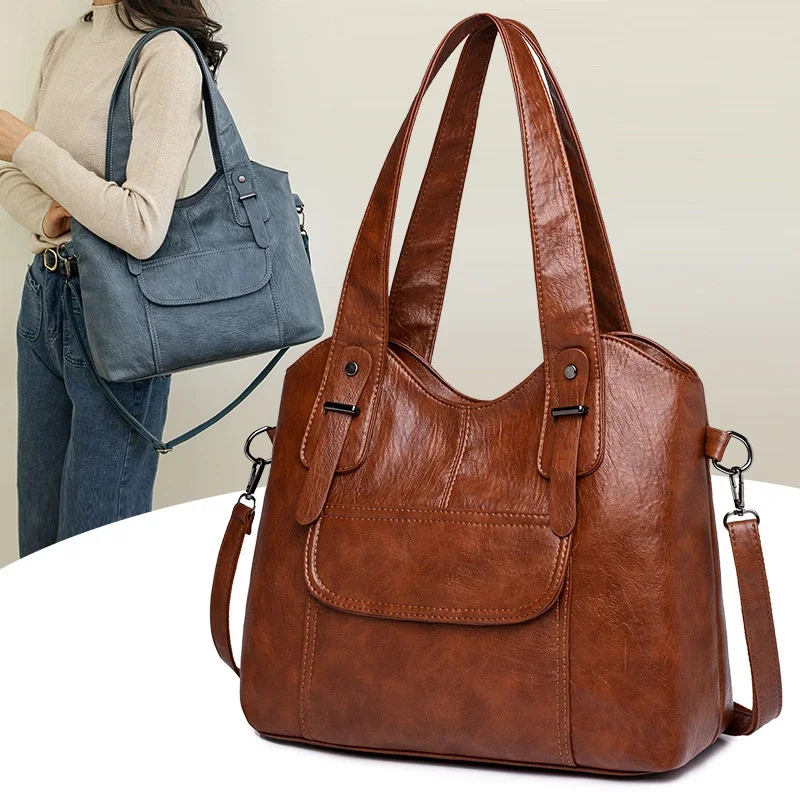 Luxury Soft Leather Handbags Designer Retro Crossbody Bags for Women 2025 New Large Capacity Ladies Shoulder Messenger Bag Purse Luxury soft leather handbag for women featuring a retro crossbody design, large capacity interior, and versatile shoulder/messenger style.