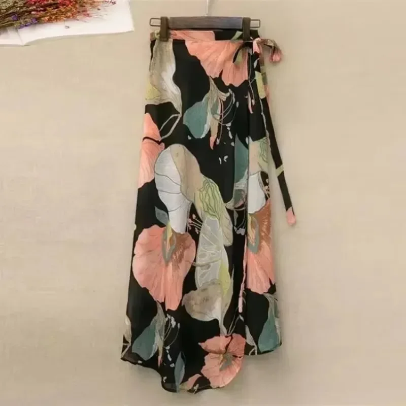 Summer Beach Floral Skirt for Women Cotton High Waist Wrap Maxi Skirt Long with Side Slit & Tie Detail Boho Style Design Summer Beach Floral Skirt for Women Cotton High Waist Wrap Maxi Skirt Long with Side Slit & Tie Detail Boho Style Design