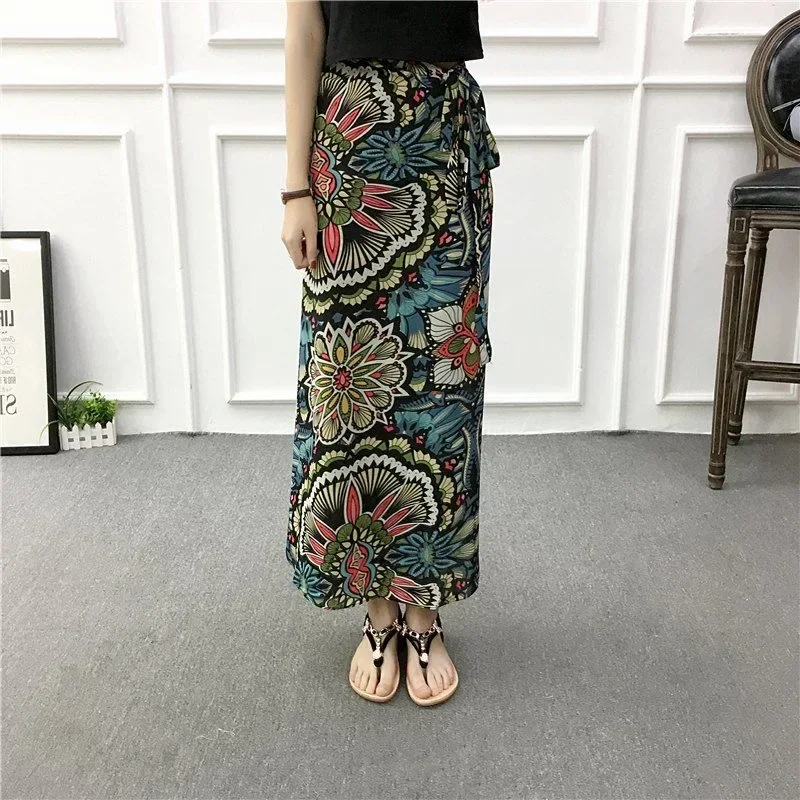 Summer Beach Floral Skirt for Women Cotton High Waist Wrap Maxi Skirt Long with Side Slit & Tie Detail Boho Style Design Summer Beach Floral Skirt for Women Cotton High Waist Wrap Maxi Skirt Long with Side Slit & Tie Detail Boho Style Design