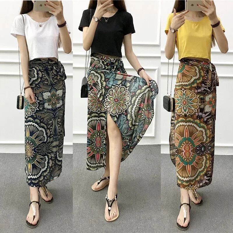 Summer Beach Floral Skirt for Women Cotton High Waist Wrap Maxi Skirt Long with Side Slit & Tie Detail Boho Style Design Summer Beach Floral Skirt for Women Cotton High Waist Wrap Maxi Skirt Long with Side Slit & Tie Detail Boho Style Design