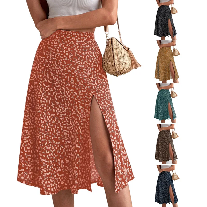 Spring and summer new women’s versatile floral zipper split A-line skirt Women's floral A-line skirt featuring a zipper closure, side split detail, and flattering spring summer design.