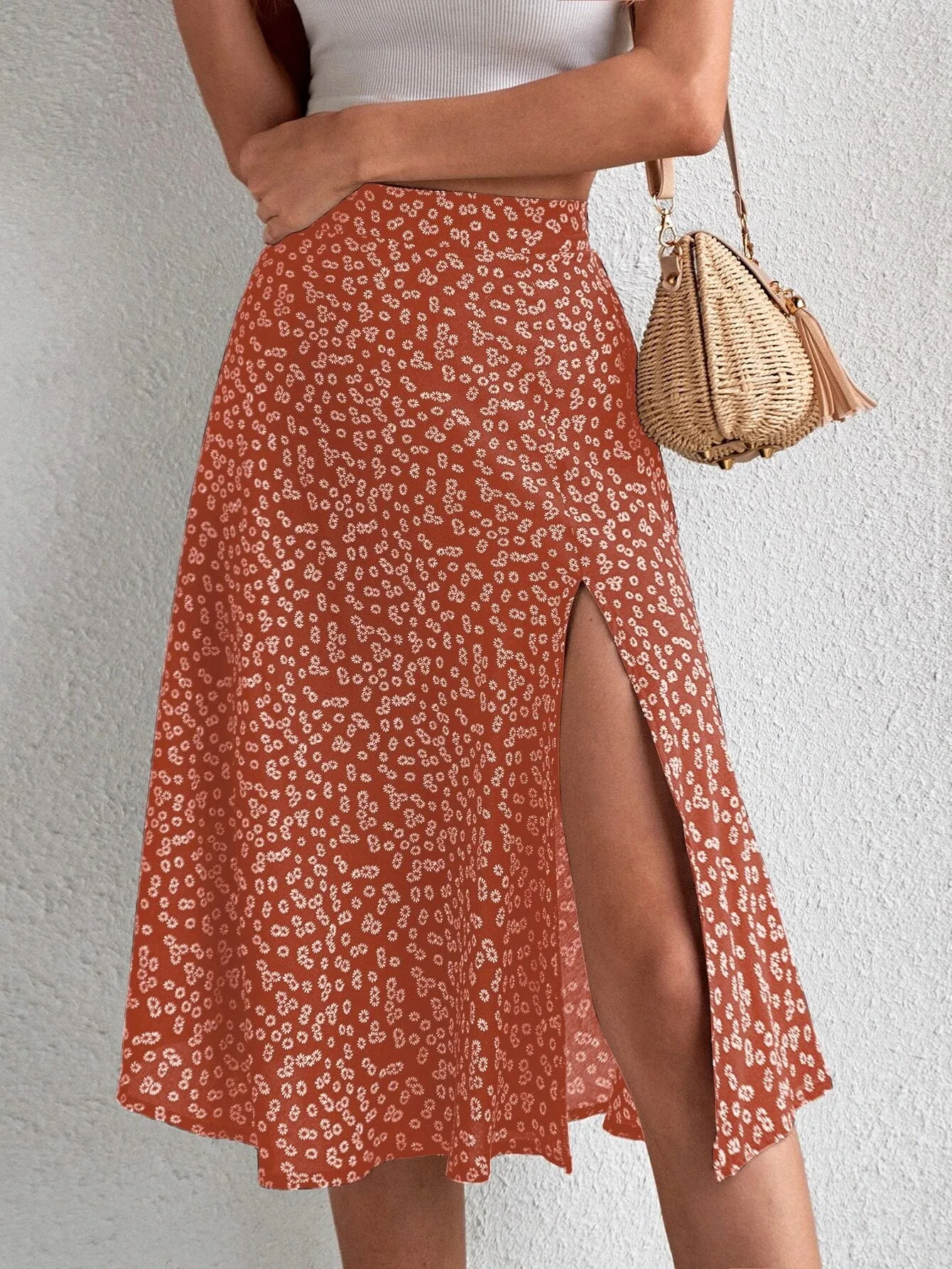 Spring and summer new women’s versatile floral zipper split A-line skirt Spring and summer new women's versatile floral zipper split A-line skirt