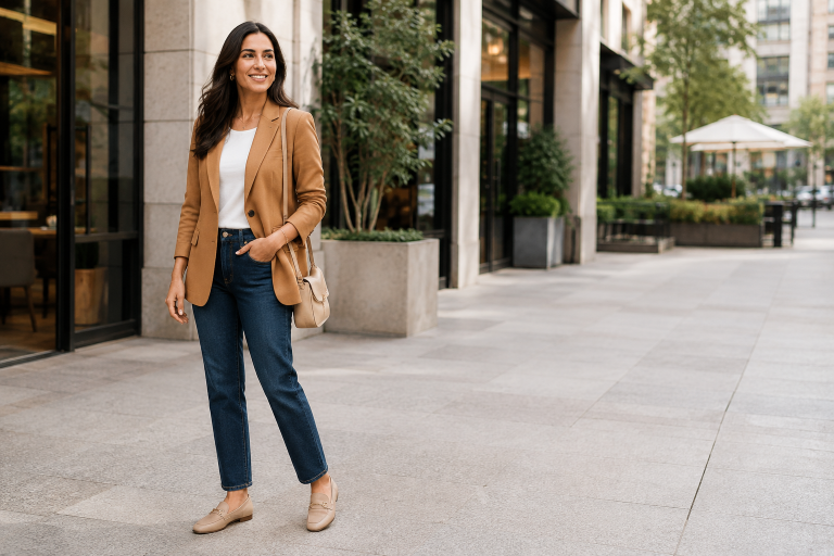 Woman styling a camel blazer with jeans for work and weekend outfits
