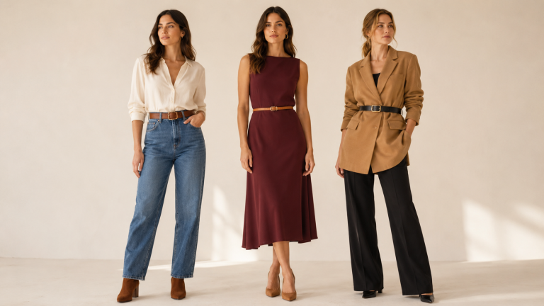 Three women styling belts with jeans, a midi dress, and an oversized blazer