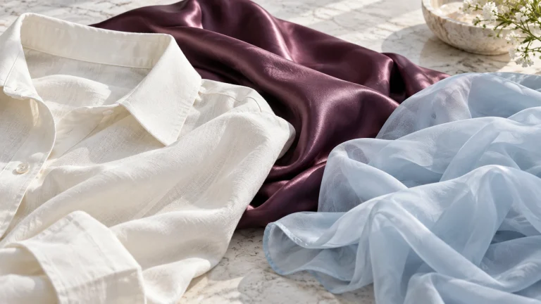 Cotton shirt and satin fabric arranged on a stone tabletop