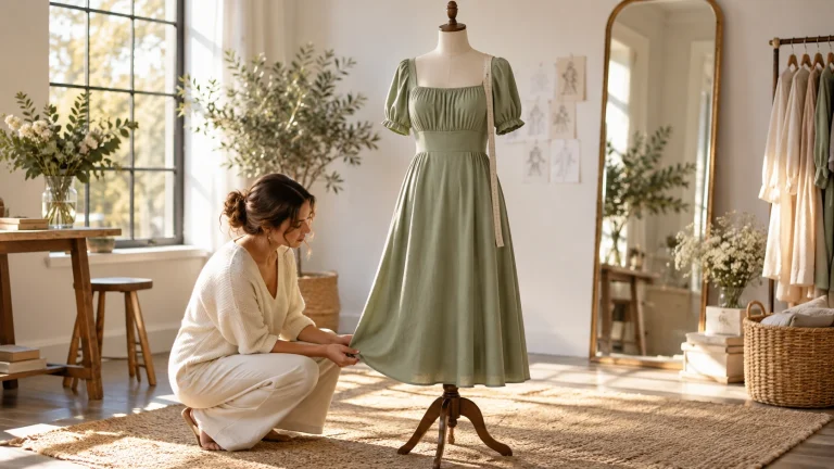 Sage midi dress on a mannequin in a sunlit tailoring studio
