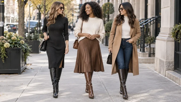 Three women styling black and brown knee-high boots with winter outfits