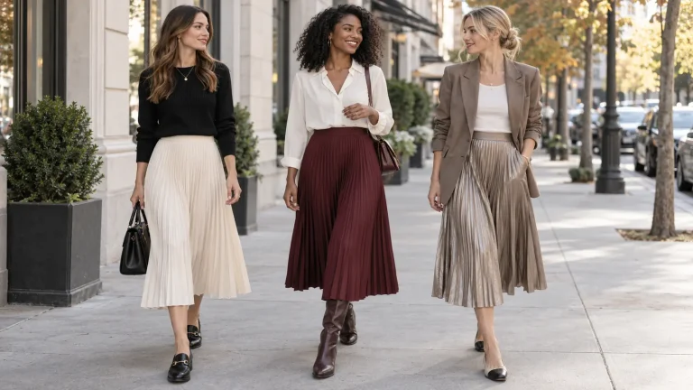 Three women styling cream, burgundy, and metallic pleated midi skirts