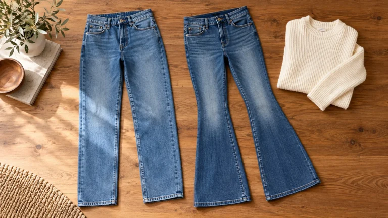 Straight-leg and flare blue jeans laid flat beside cream knitwear