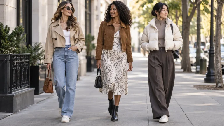 Three women styling cropped trench, suede, and puffer jackets