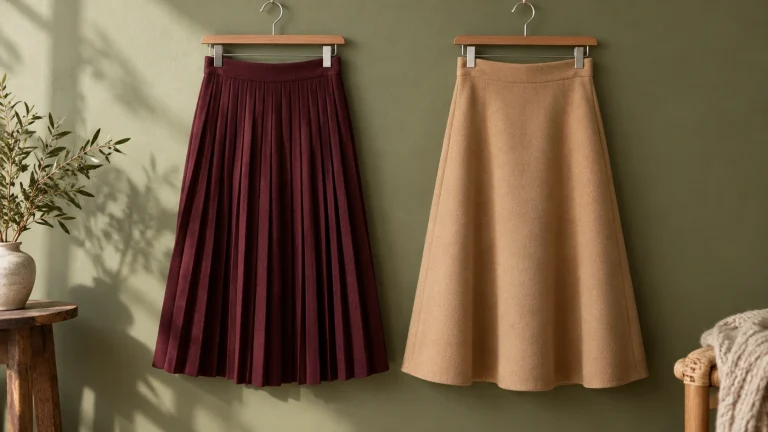 Burgundy pleated skirt and smooth camel A-line skirt hanging on a rail