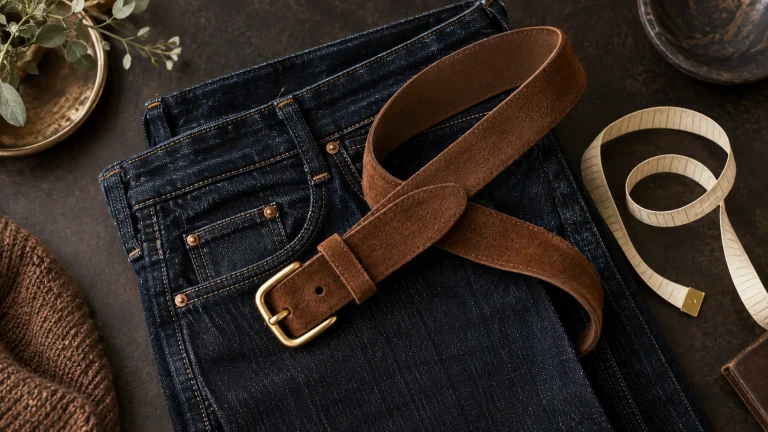 Brown suede belt laid on denim beside a measuring tape