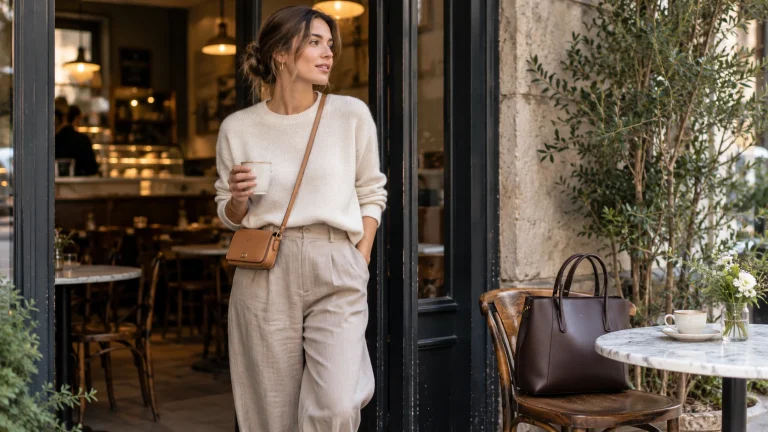 One woman wearing a tan crossbody beside a shoulder bag on a cafe chair