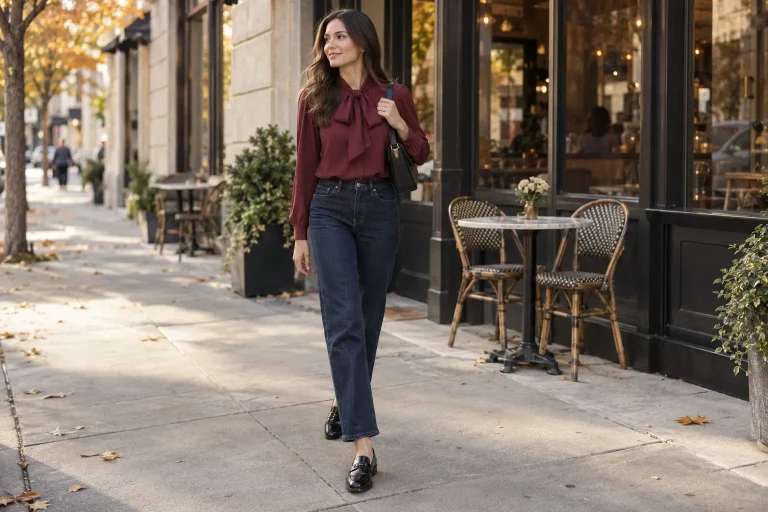 Woman wearing a burgundy blouse, dark jeans, loafers, and a black handbag for a date