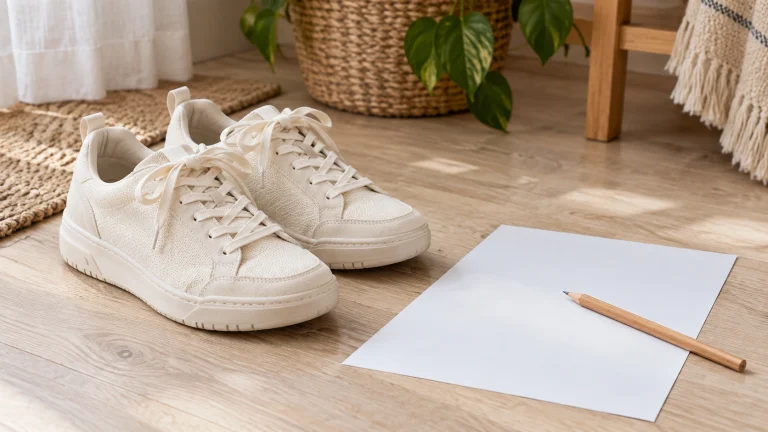Cream sneakers beside blank paper and a pencil on a wooden floor