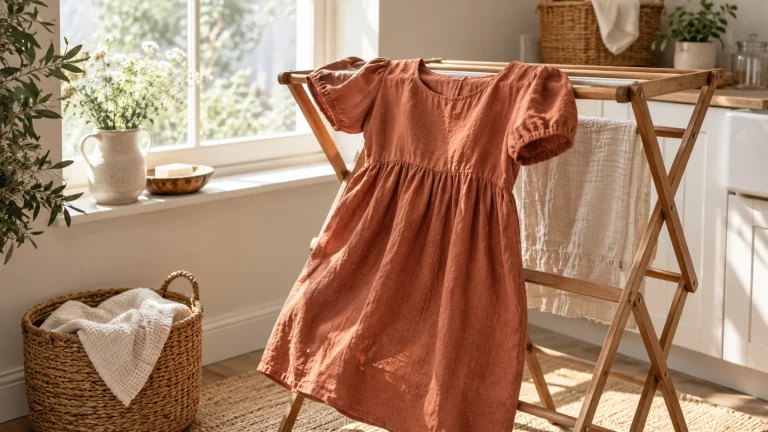 Terracotta linen-look dress air drying in a bright laundry room