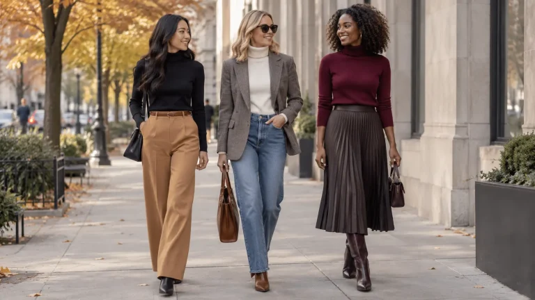 Three women styling black, cream, and burgundy turtlenecks