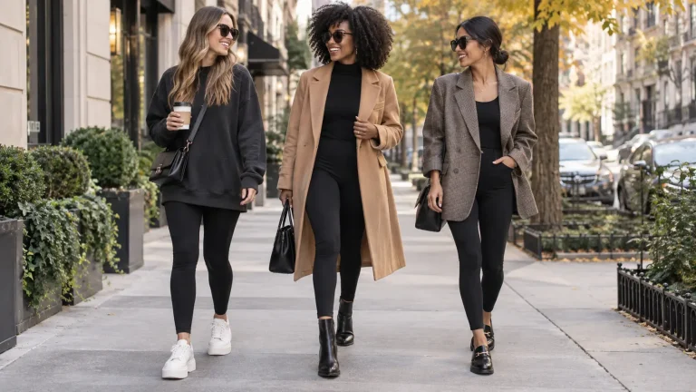 Three women wearing black leggings with sneakers, ankle boots, and loafers