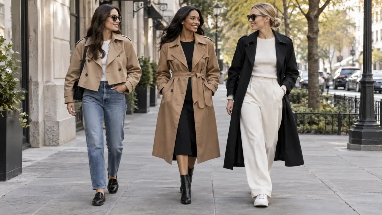 Three women styling khaki, camel, and black trench coats