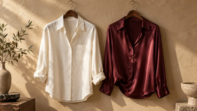 Ivory cotton shirt and burgundy satin blouse hanging side by side