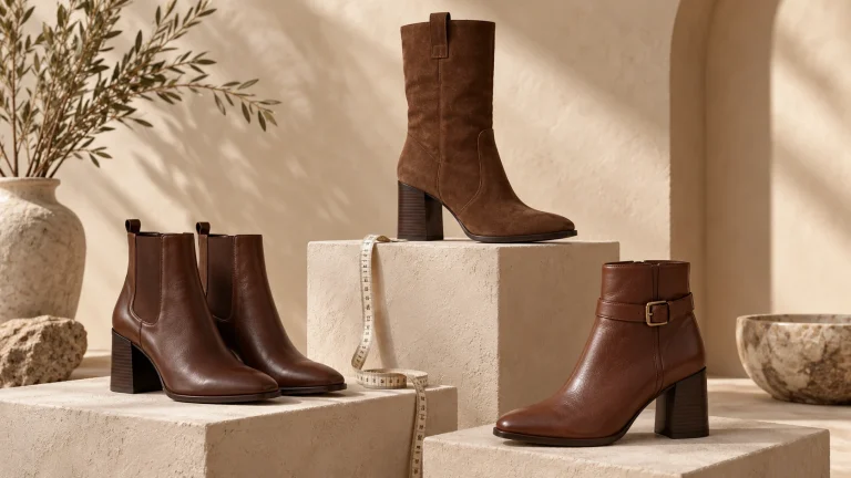 Brown ankle and mid-calf boots displayed beside measuring tape