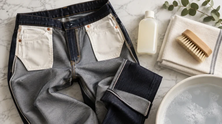 Dark jeans turned inside out beside a laundry brush and towel