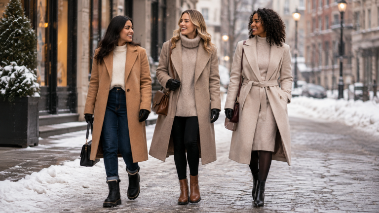 Three women wearing snow boots, Chelsea boots, and heeled ankle boots with winter coats