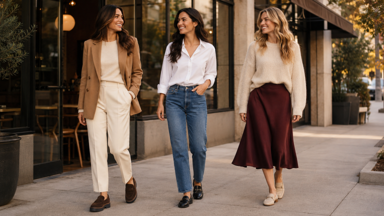 Three women styling brown, black, and cream loafers with trousers, jeans, and a midi skirt