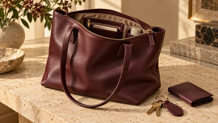 Burgundy zip-top tote showing its organized interior beside a wallet and keys