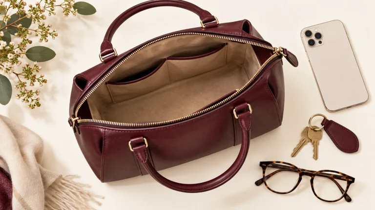 Open burgundy handbag showing its lining and interior pockets
