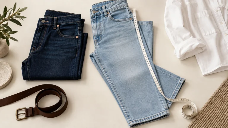 Dark and light denim jeans laid flat with a measuring tape