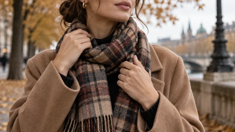 Close view of a plaid scarf being adjusted over a camel coat