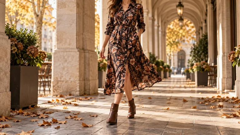 Woman walking in a printed shirt dress with waist tie and boots