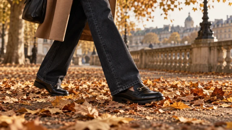 Wide dark jeans falling over black loafers on a leafy sidewalk