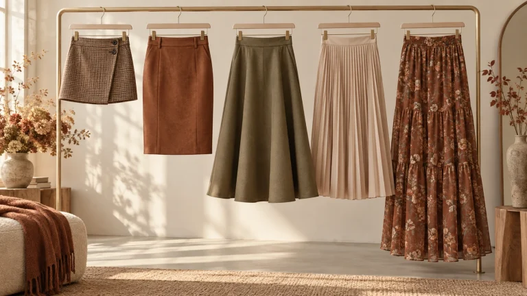 Five skirts of different lengths arranged on hangers