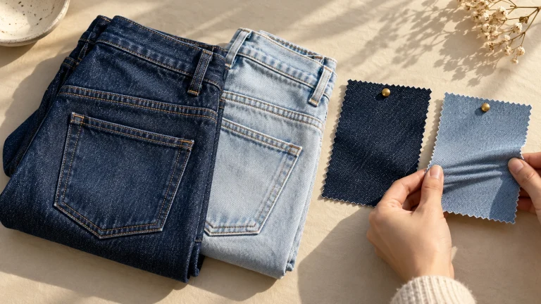 Two denim washes and stretch fabric swatches in an overhead flat lay
